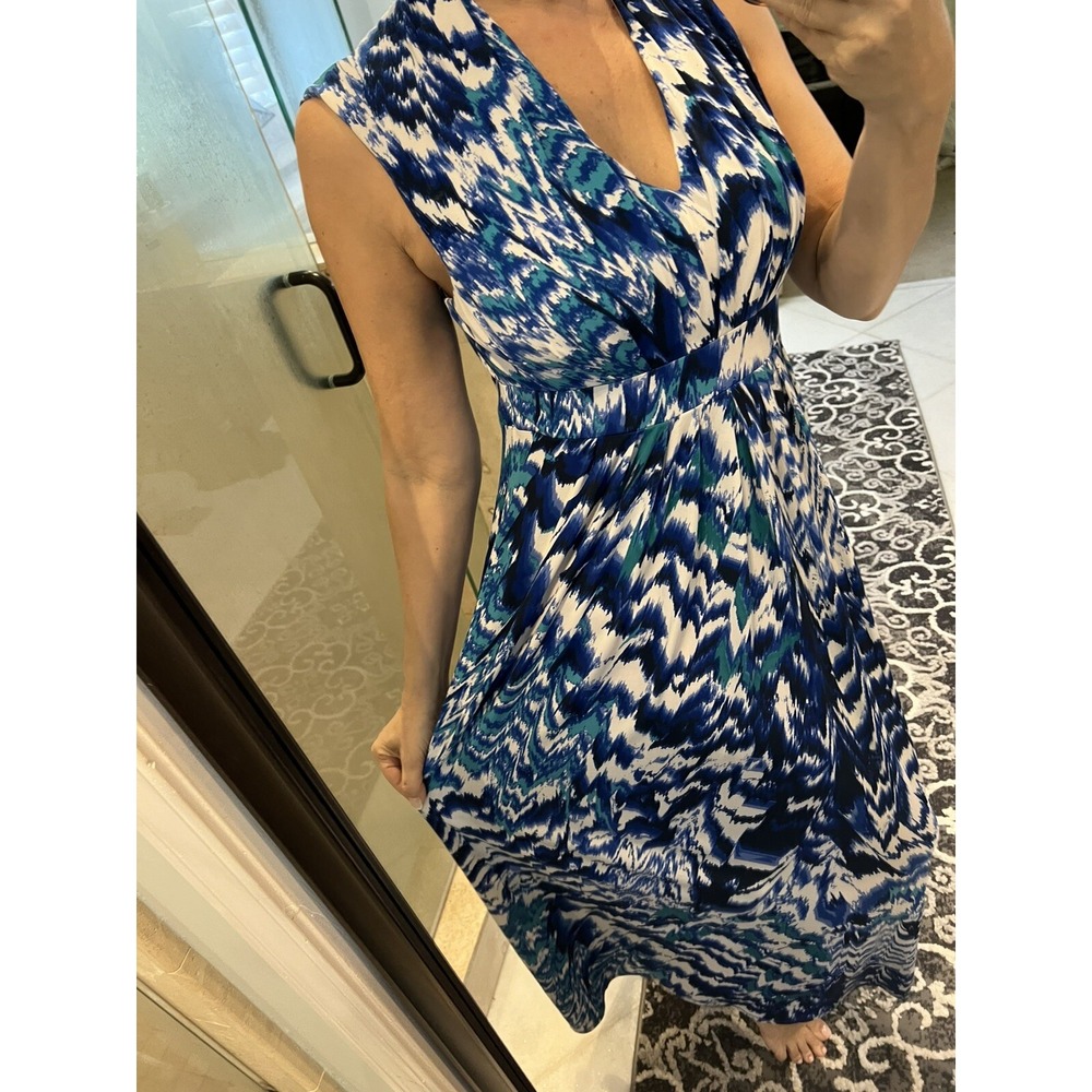 Chico's Sleeveless Maxi Dress Blue White Abstract Print Empire Waist Size 0 S